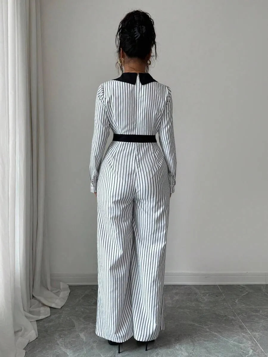 SHEIN Rafferiza جمبسوت نسائي بياقة منقلبة وخصر برباط بلون أبيض وأسود