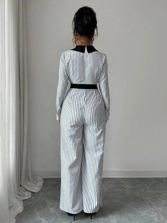 SHEIN Rafferiza جمبسوت نسائي بياقة منقلبة وخصر برباط بلون أبيض وأسود