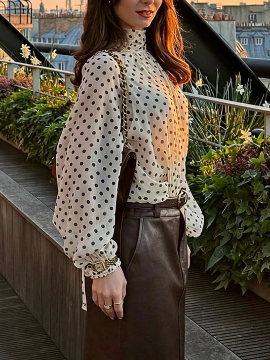 SHEIN بلوزة نسائية أنيقة باللون البيج بنقاط بولكا وشريط عنق