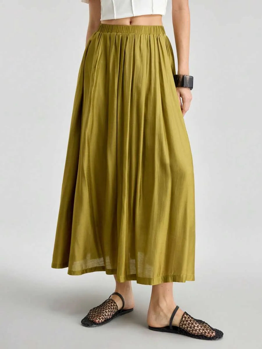 SHEIN Ontre تنورة نسائية طويلة بخصر مطاطي وطيات أنيقة من