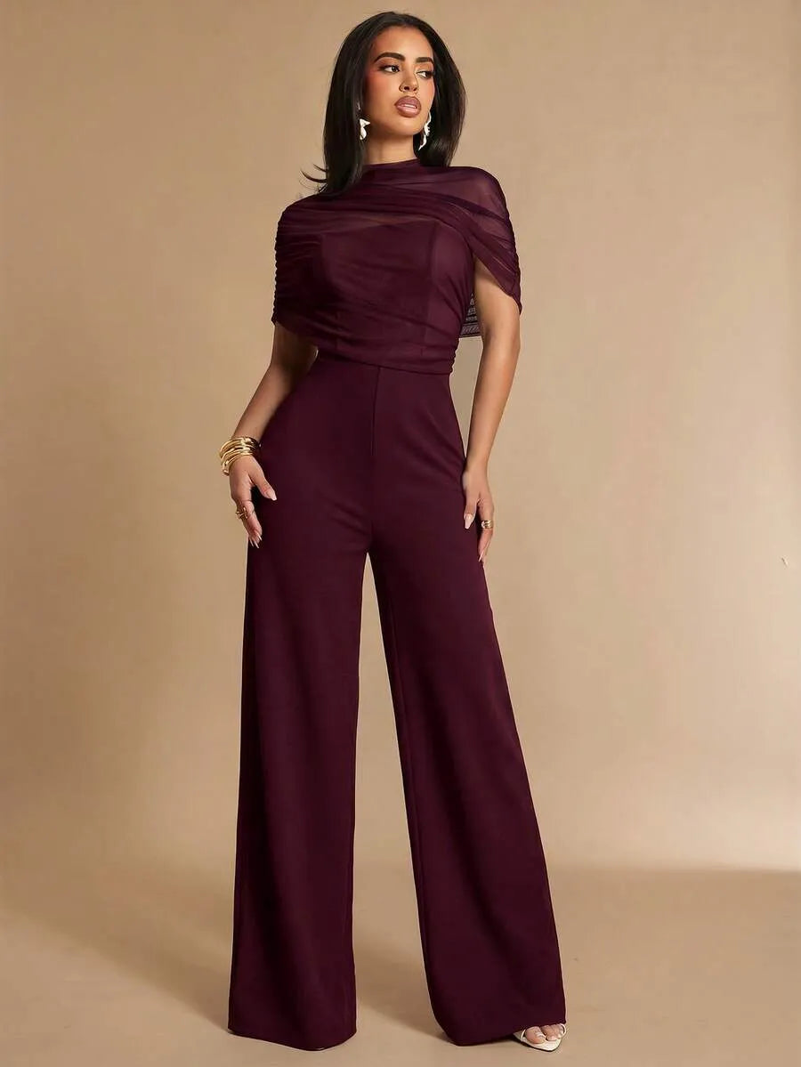 SHEIN Silquee جمبسوت عودي بياقة مرتفعة وطبقة شبكية مطوية من