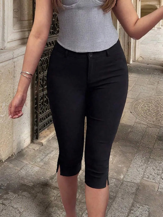 SHEIN Apperloth A بنطلون بلون الأسود متوسط الطول ضيق بخصر طبيعي