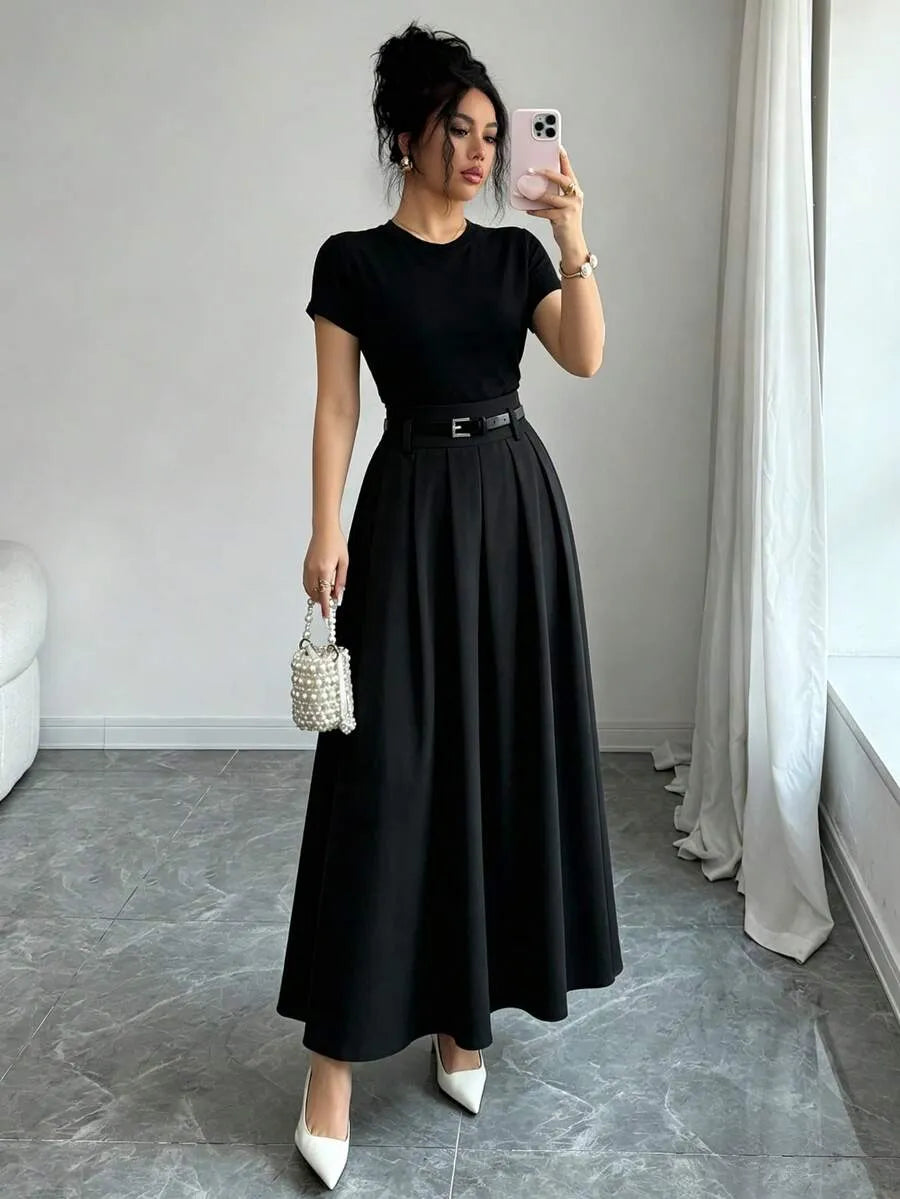 SHEIN A-Line تنورة كاجوال طويلة بخصر عالي وطيات