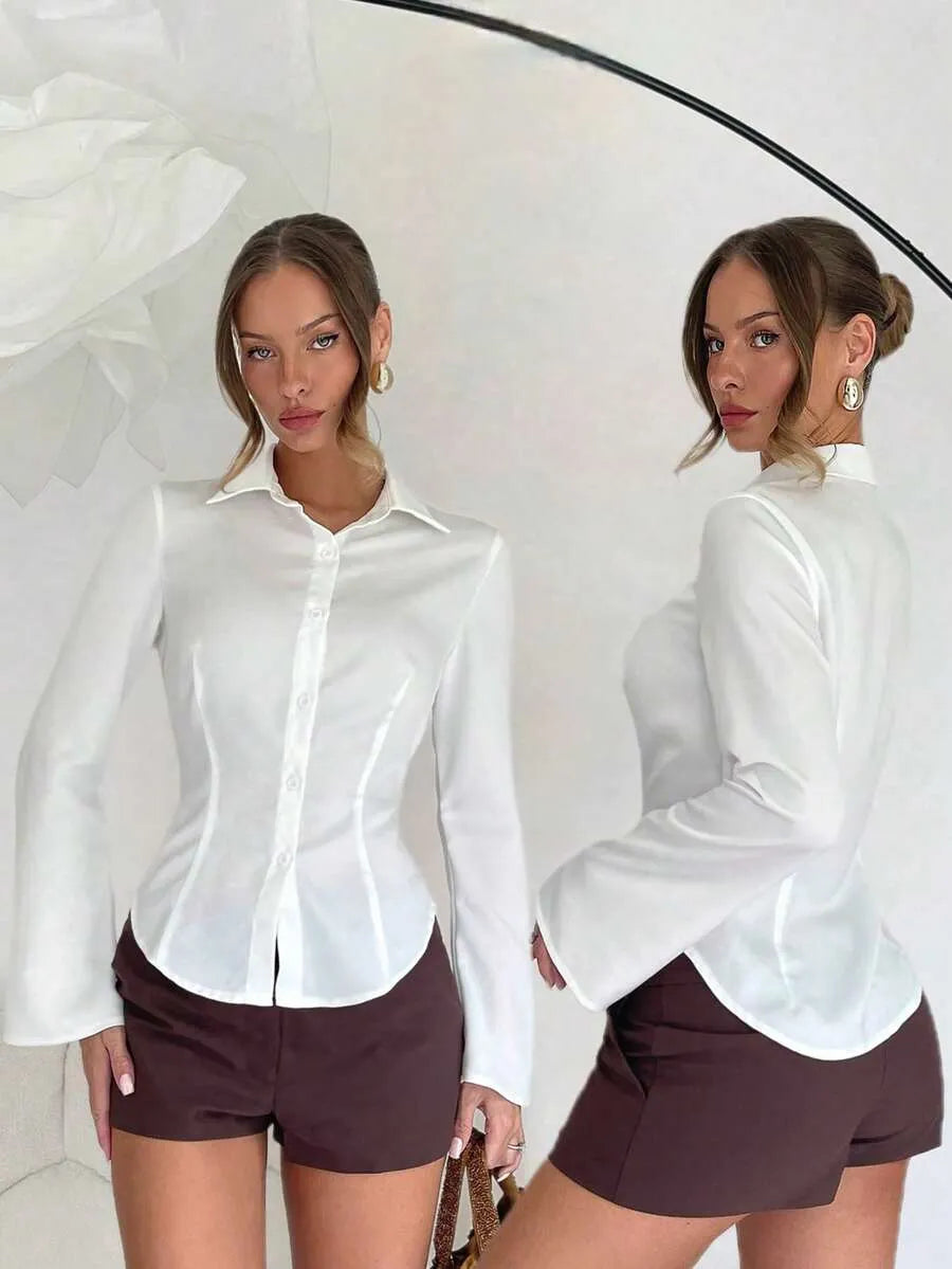 SHEIN Lumivelle قميص نسائي أبيض أنيق بأكمام منسدلة وقصة مخصرة