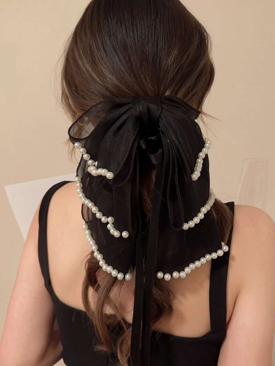 SHEIN مشبك شعر بفيونكة شريطية مع لؤلؤ