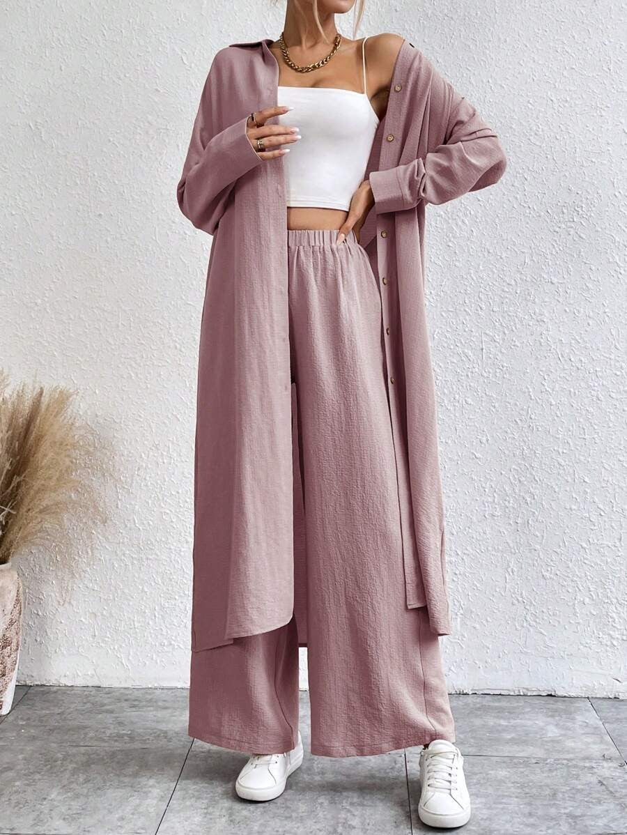 SHEIN LUNE طقم  قطعتين بلوزة طويلة وبنطلون واسع بلون وردي