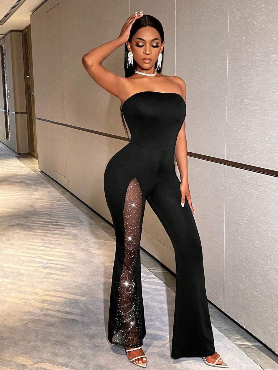 SHEIN BamGleam جمبسوت أنيقة باللون الأسود مزينة بالراين