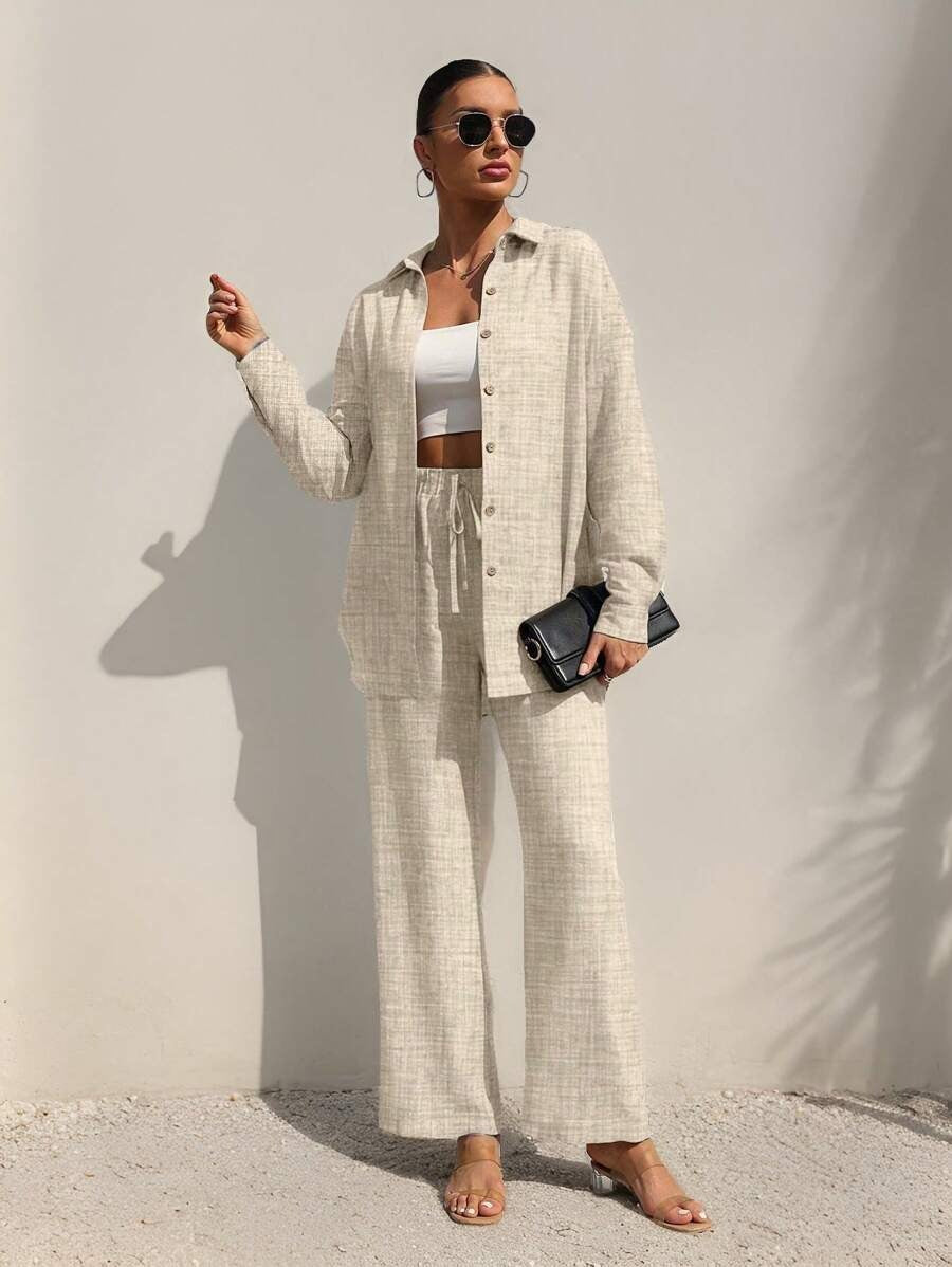 SHEIN Clasi طقم قطعتين بلوزة بأكمام طويلة وأزرار أمامية وبنطلون بخصر برباط