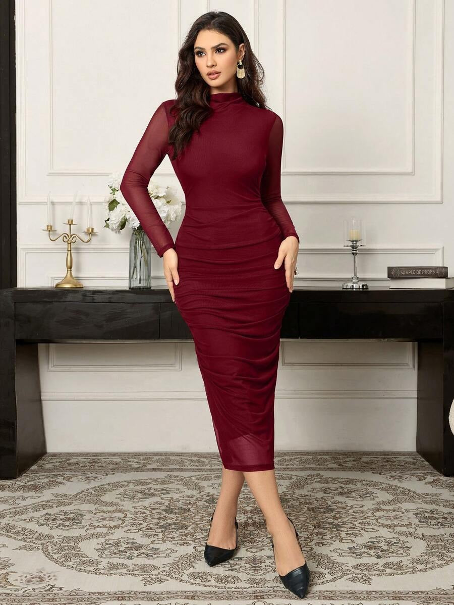 SHEIN Modelyn فستان عنابي انيق ماكسي بأكمام طويلة