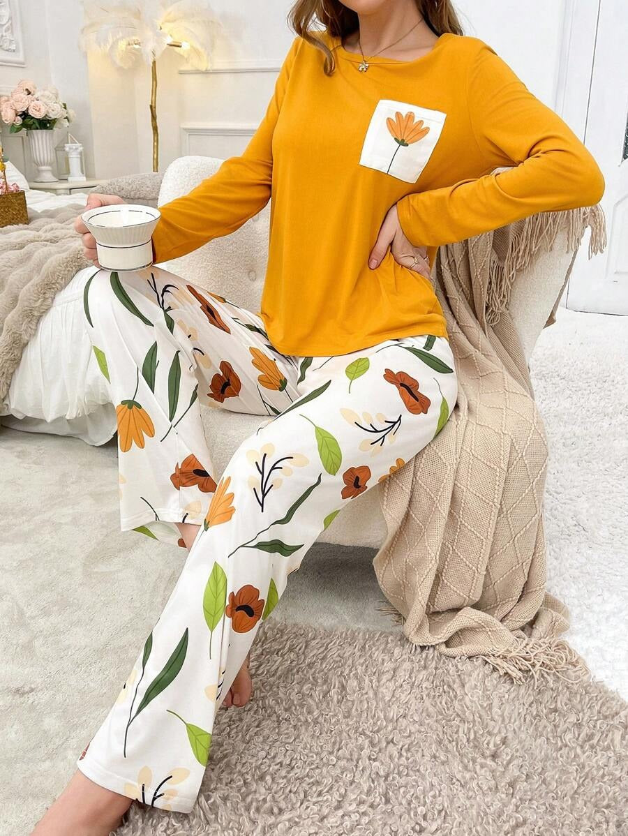 SHEIN طقم بيجامة بأكمام طويلة مطبوع وبنطلون مطبوع