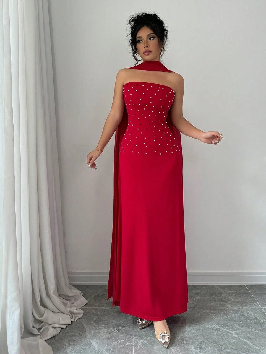 SHEIN Rafferiza فستان أحمر ماكسي طويل مزين بلؤلؤ
