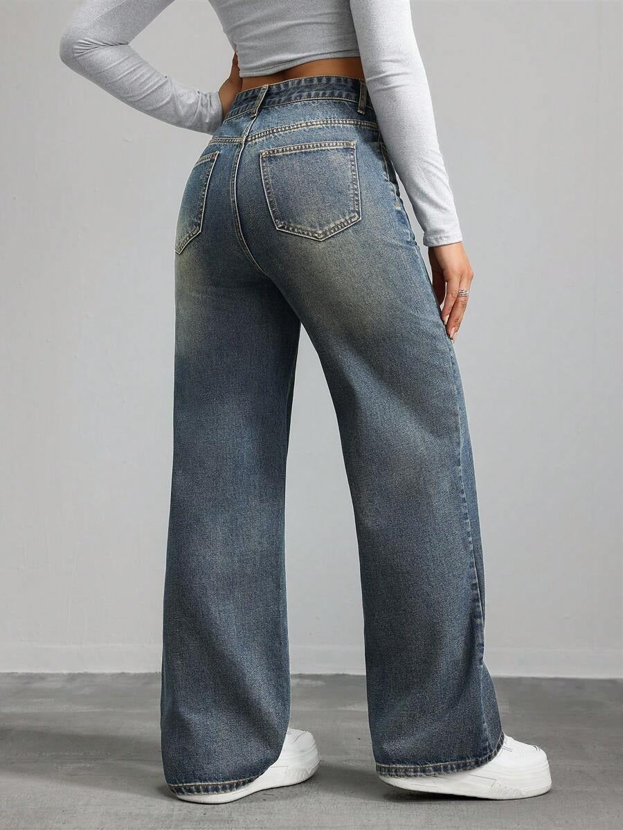 SHEIN  x Lina بنطال جينز أرجل مستقيمة بخصر متوسط من