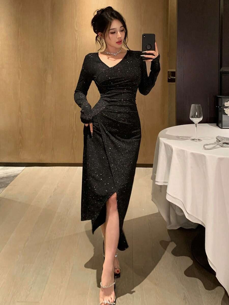 SHEIN qualityDAZY فستان سهرة طويل بلون أسود مزين بالفصوص اللامعة