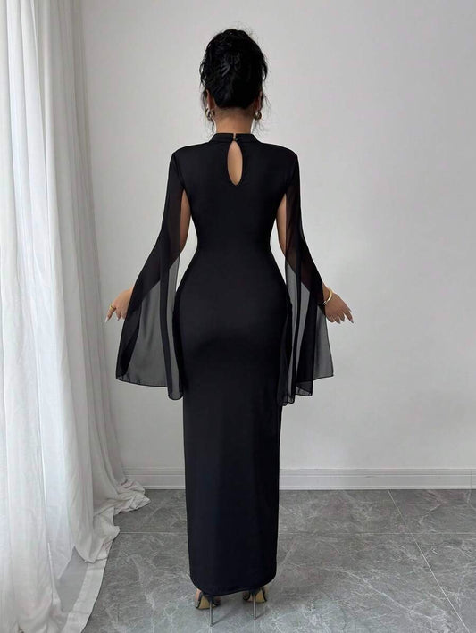 SHEIN Elenzga فستان شيفون مرصع باللؤلؤ بلون أسود