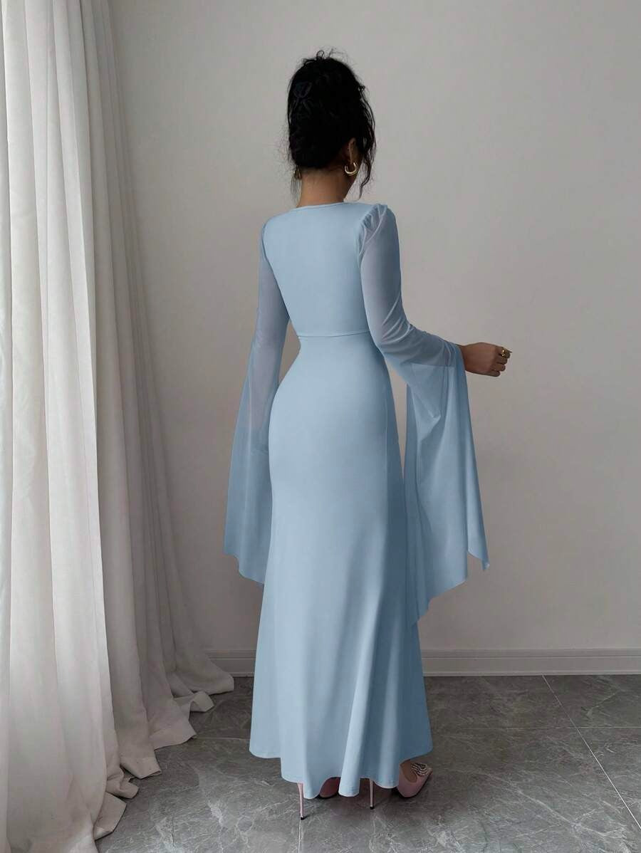 SHEIN Elenzga فستان أزرق أنيق بأكمام طويلة
