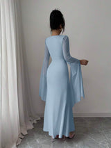 SHEIN Elenzga فستان أزرق أنيق بأكمام طويلة