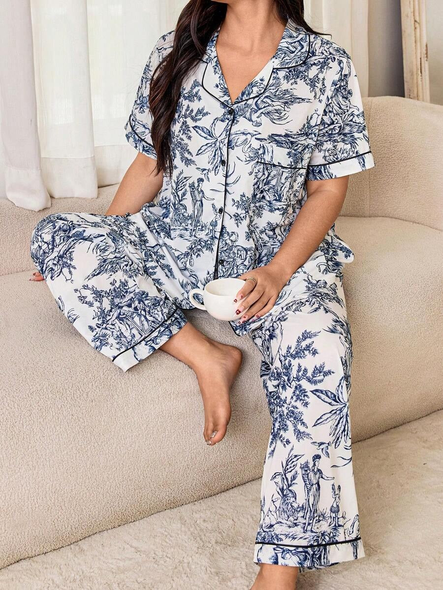 SHEIN طقم بيجامة بنقوشات بلون أزرق