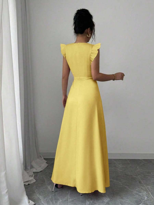 SHEIN Elenzga  فستان صيفي طويل بلون أصفر و أزرار أمامية و كتف فراشة