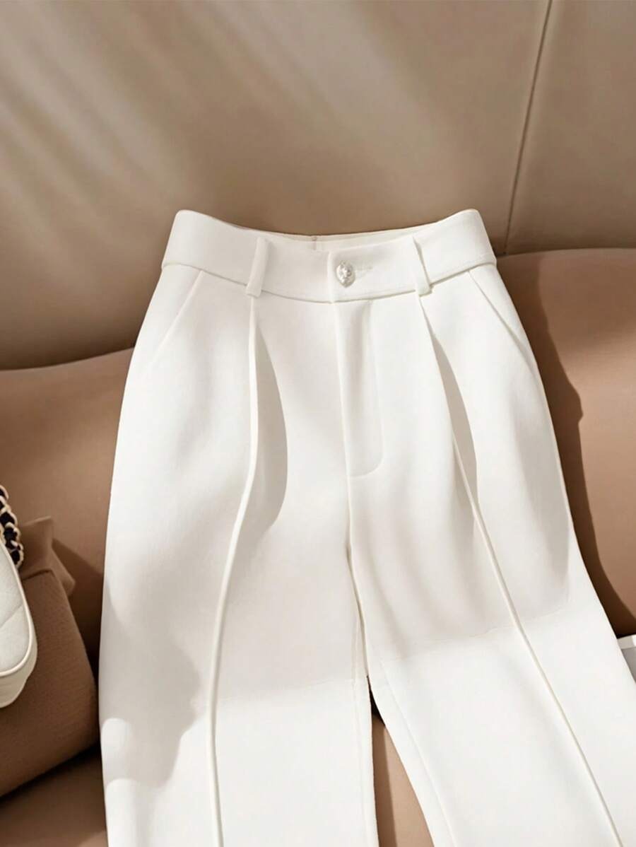 SHEIN بنطلون أبيض أنيق بقصة مستقيمة للكاحل