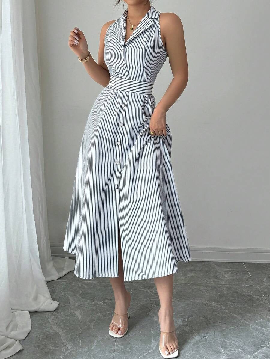 SHEIN Elenzga فستان مخطط بأزرار أمامية