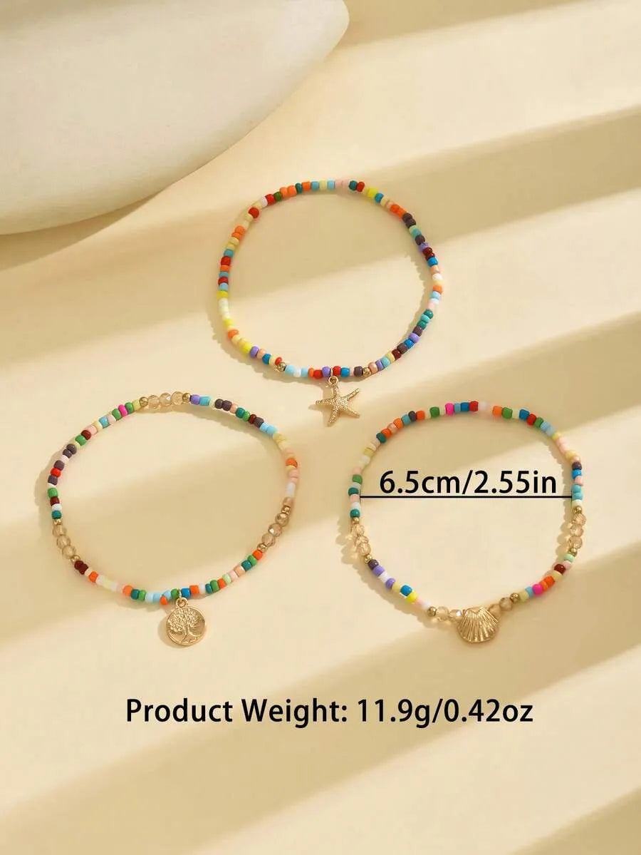 SHEIN أساور كاحل لؤلؤ وخرز ونجمة بحر وقواقع 3 قطع