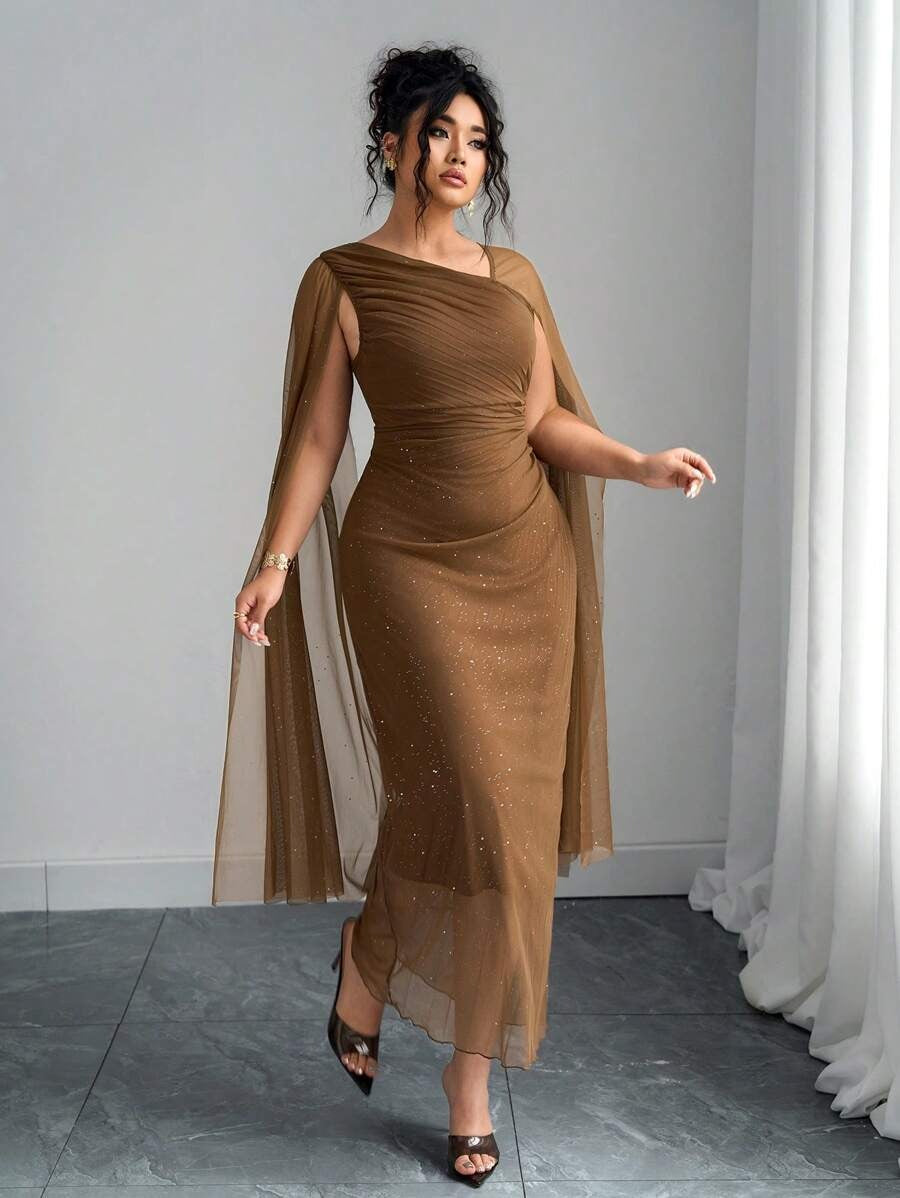 SHEIN Elenzga فستان أنيق وطويل بني مطوي