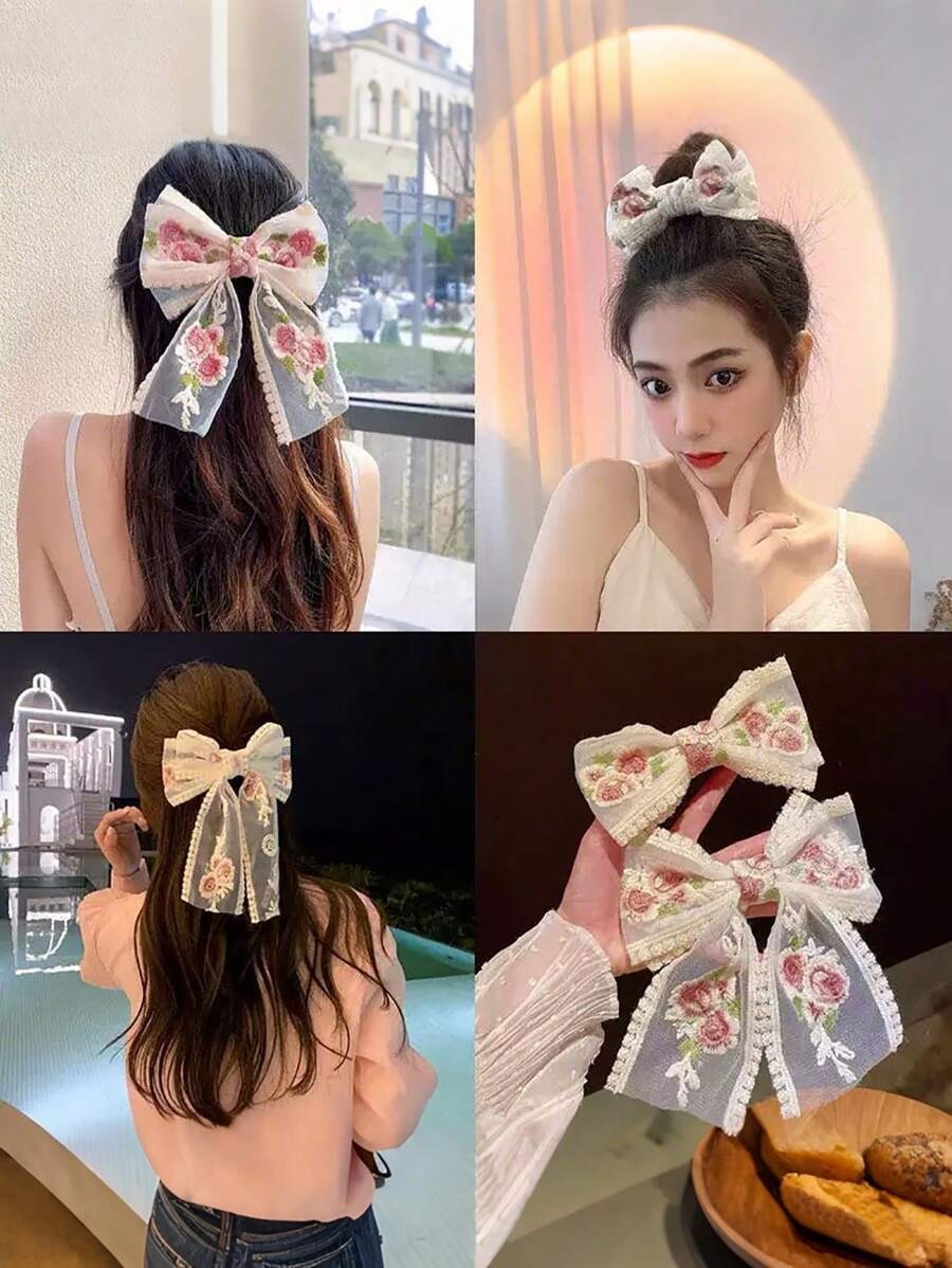 SHEIN مشبك شعر نسائي مزين بوردة ملونة مطرزة بالدانتيل
