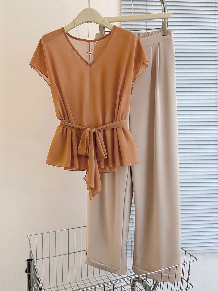 SHEIN Franclia طقم كاجوال خفيف من قطعتين بلوزة وبنطلون بلون برتقالي