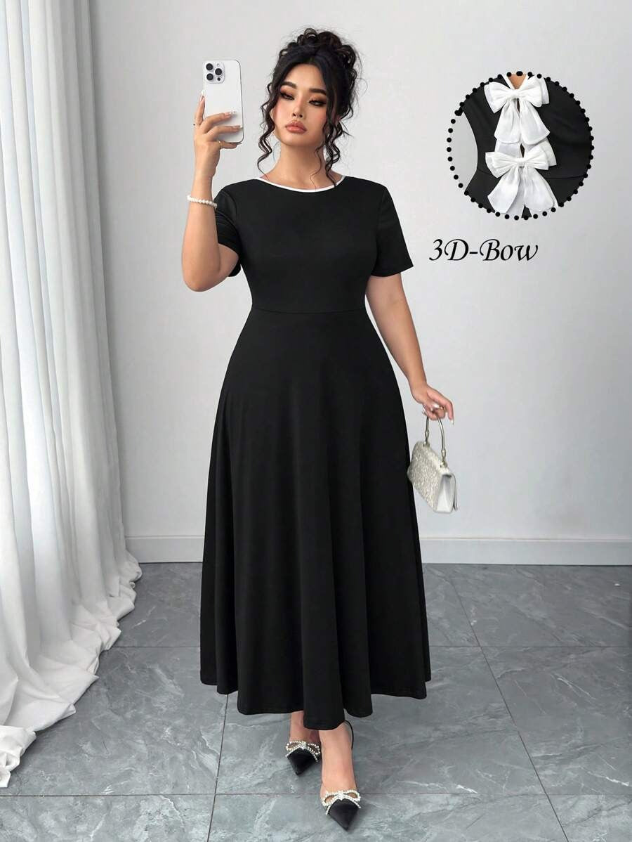 SHEIN Elenzga فستان أسود أنيق بقصة فرنسية ربطة فراشة