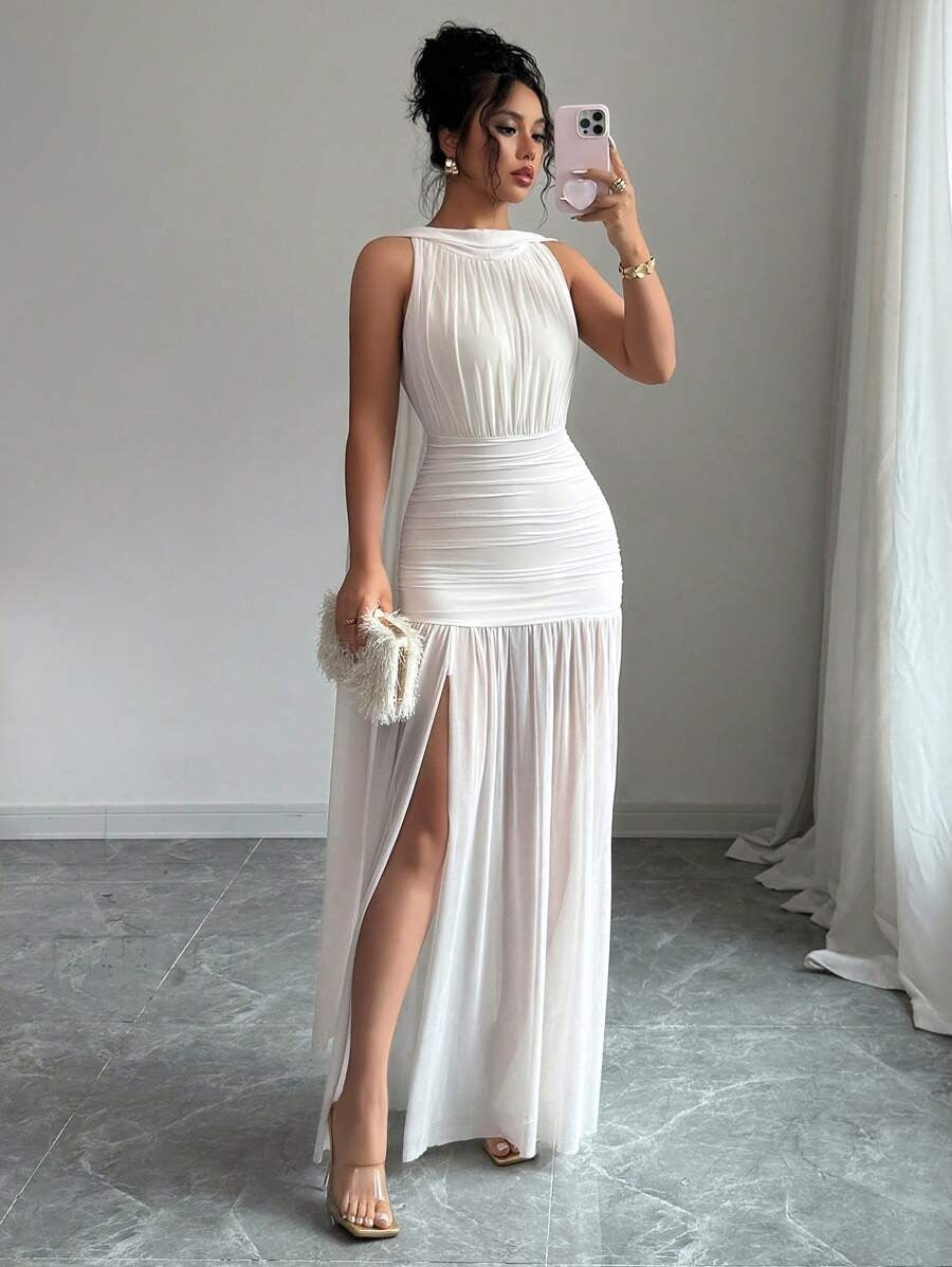 SHEIN Elenzga فستان طويل مشمشي بدون أكمام