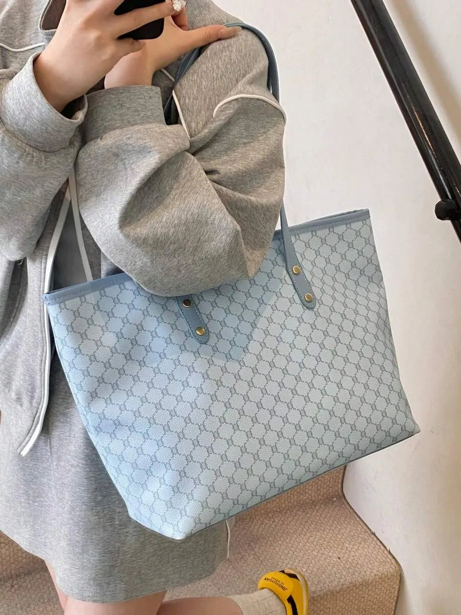 SHEIN SHIMEINI حقيبة تسوق وطالب كبيرة السعة بتصميم رقعي موضة أوروبية وأمريكية