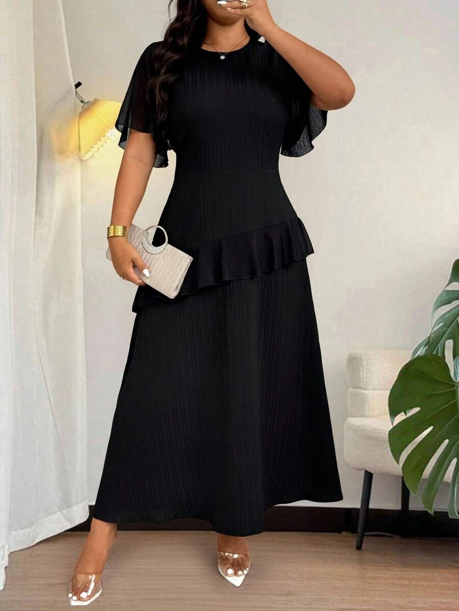 SHEIN فستان أسود بكشكش ولمعة خفيفة