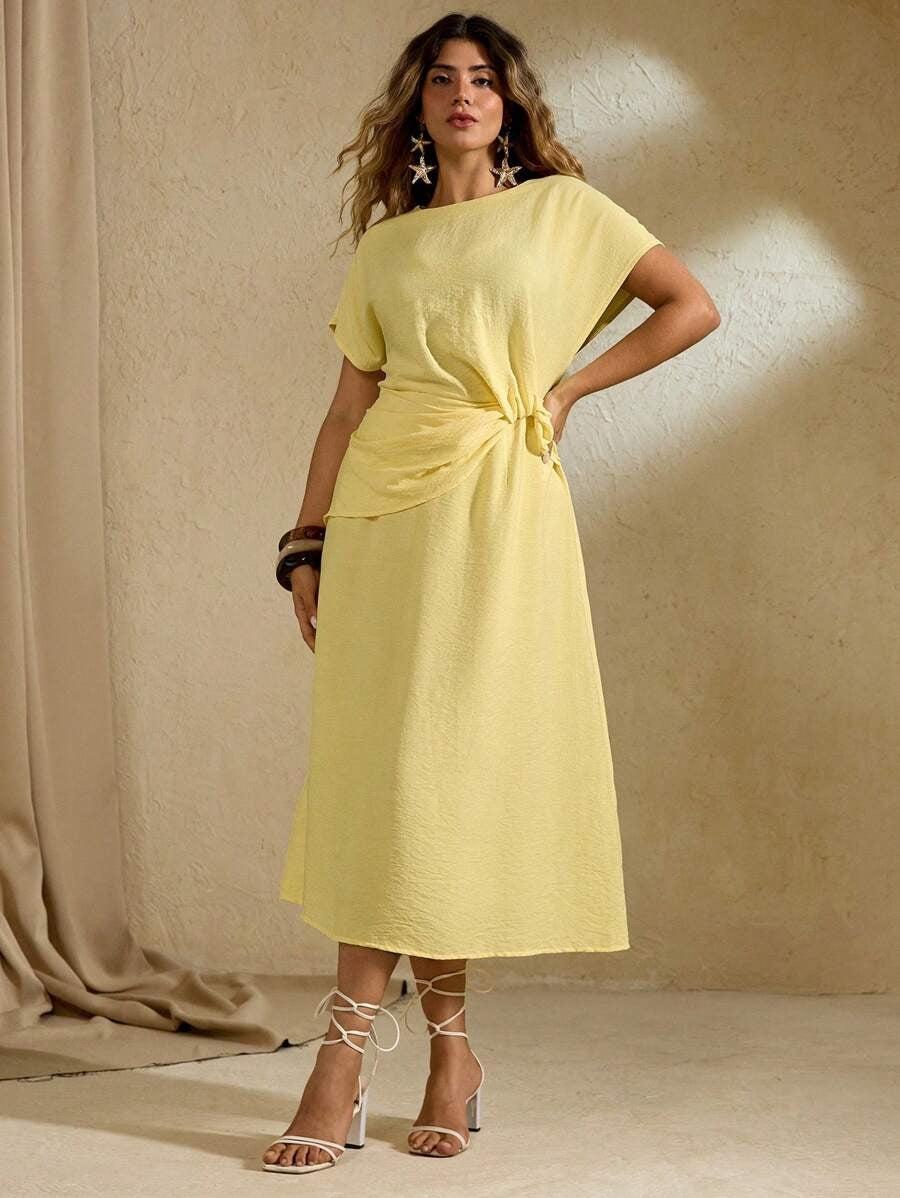 SHEIN فستان طويل بلون أصفر ناعم بربطة خصر وأكمام خفاش
