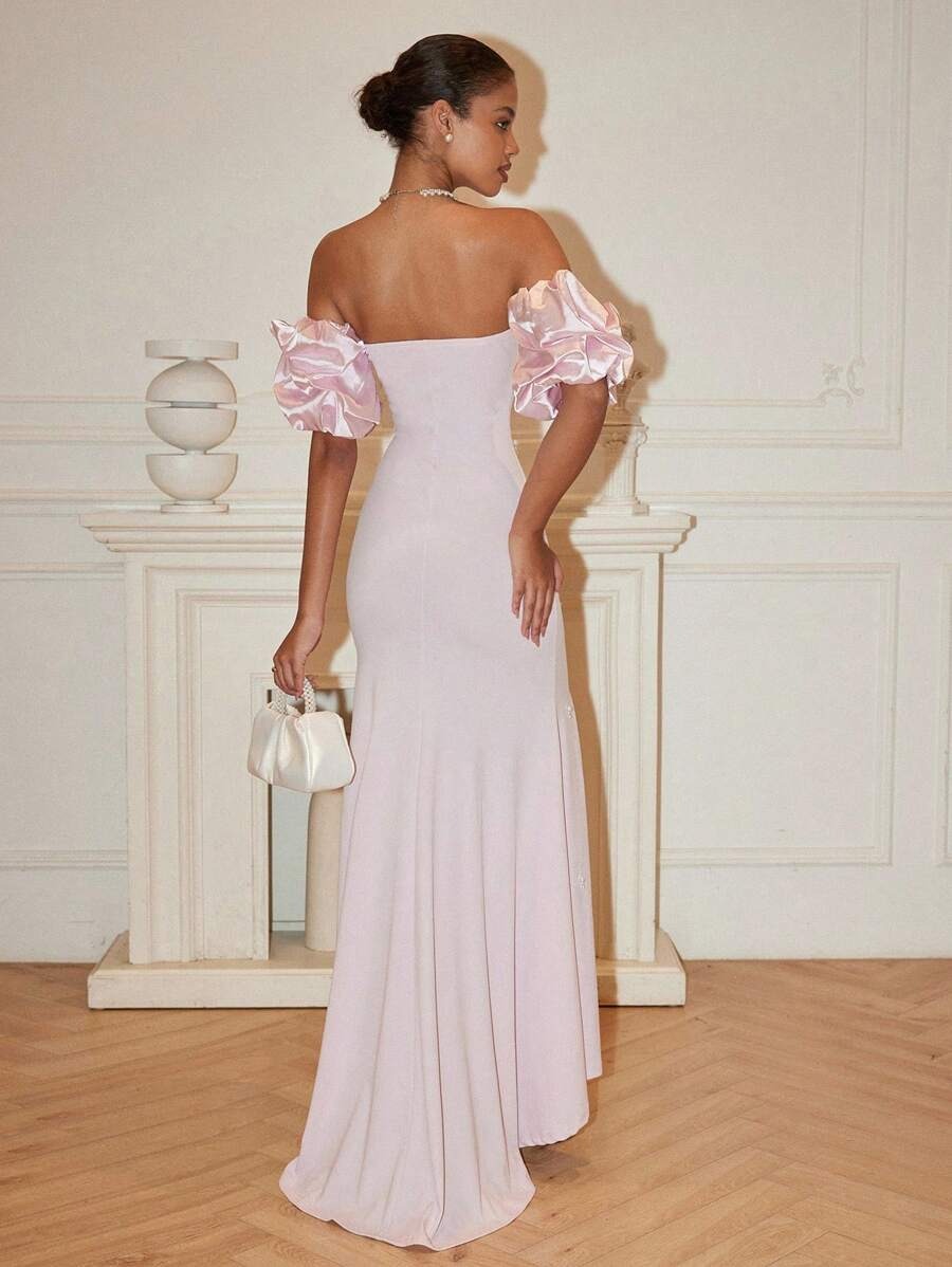 SHEIN فستان فرنسي وردي مزين بخرز و أكمام منفوخة