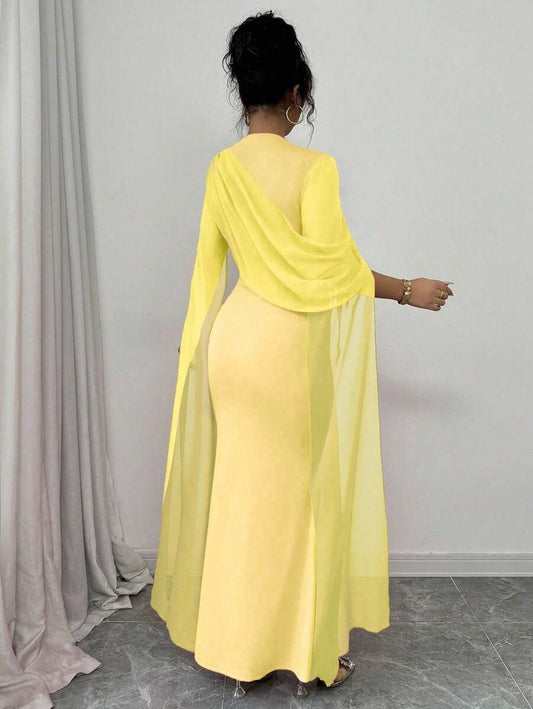 SHEIN Rafferiza  فستان أصفر طويل بأكمام طويلة