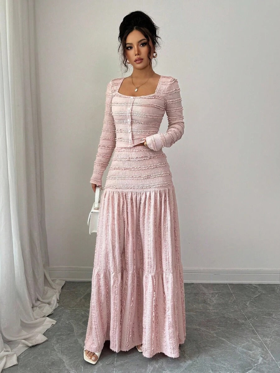 SHEIN Selianne طقم نسائي وردي من قطعتين بلوزة+تنورة طويلة