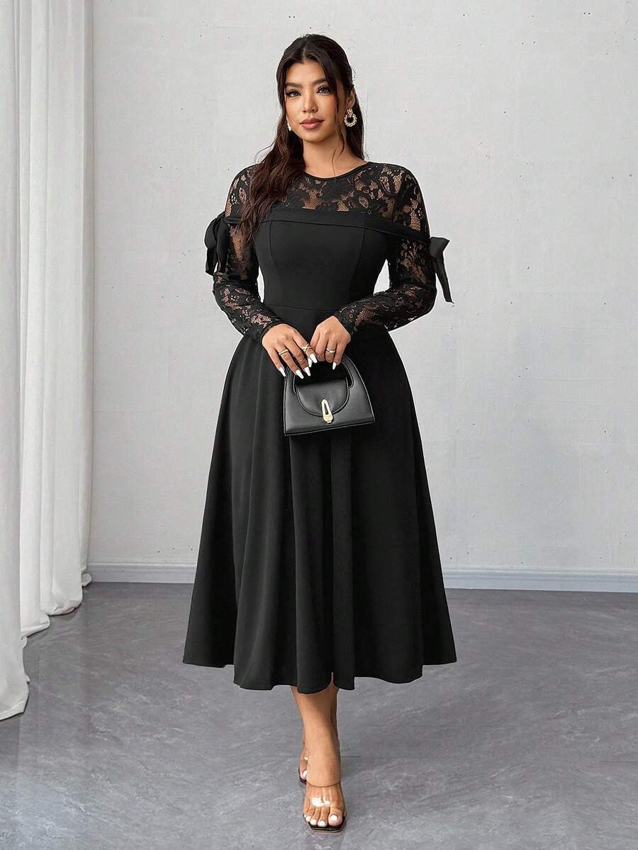 SHEIN Elenzga فستان أنيق مزين بالدانتيل والفيونكة بلون أسود