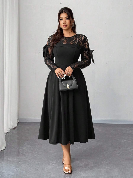 SHEIN Elenzga فستان أنيق مزين بالدانتيل والفيونكة بلون أسود