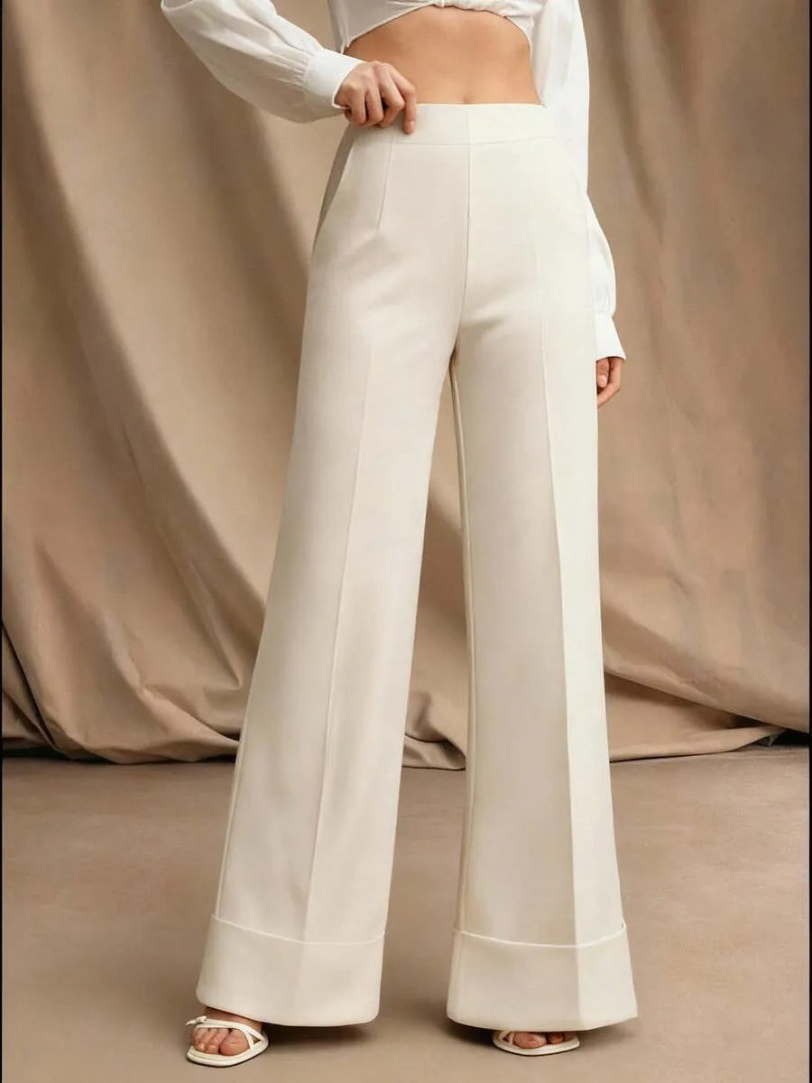 SHEIN Anewsta Essential بنطلون بلون بيج طويل واسع الساق بخصر منخفض