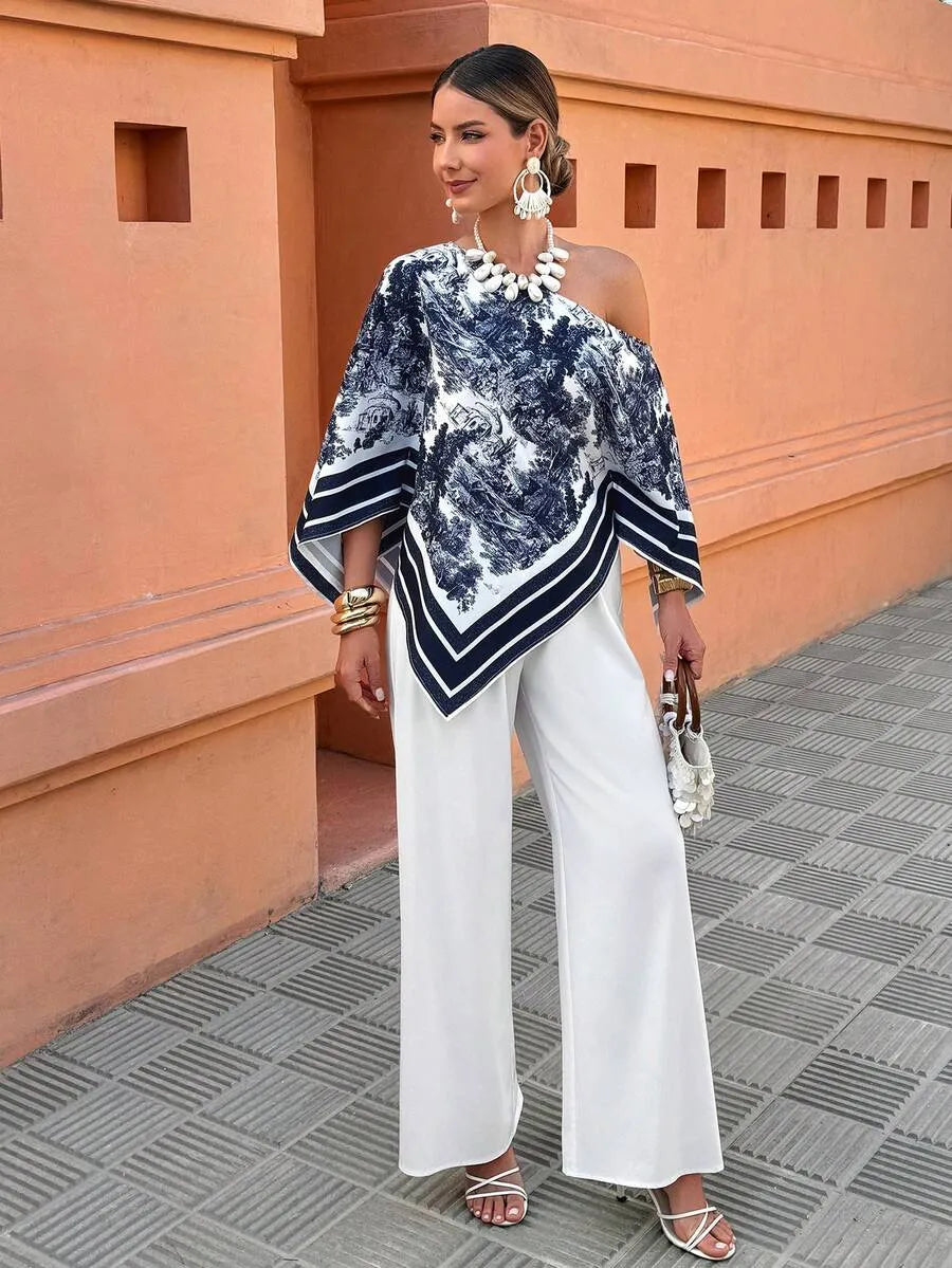 SHEIN Flora Isola طقم نسائي راقي ببلوزة مطبوعة بحافة غير متماثلة وبنطال أبيض