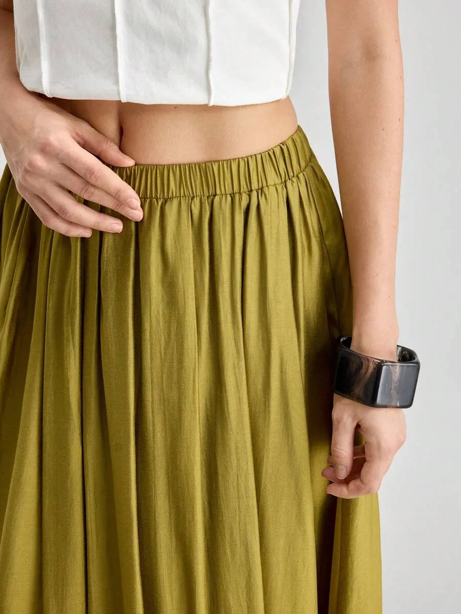 SHEIN Ontre تنورة نسائية طويلة بخصر مطاطي وطيات أنيقة من