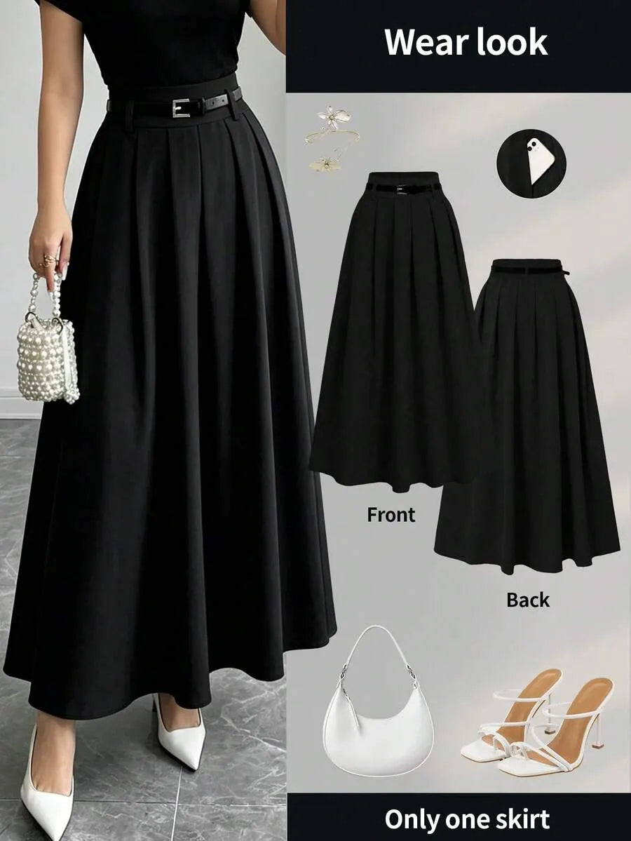 SHEIN A-Line تنورة كاجوال طويلة بخصر عالي وطيات