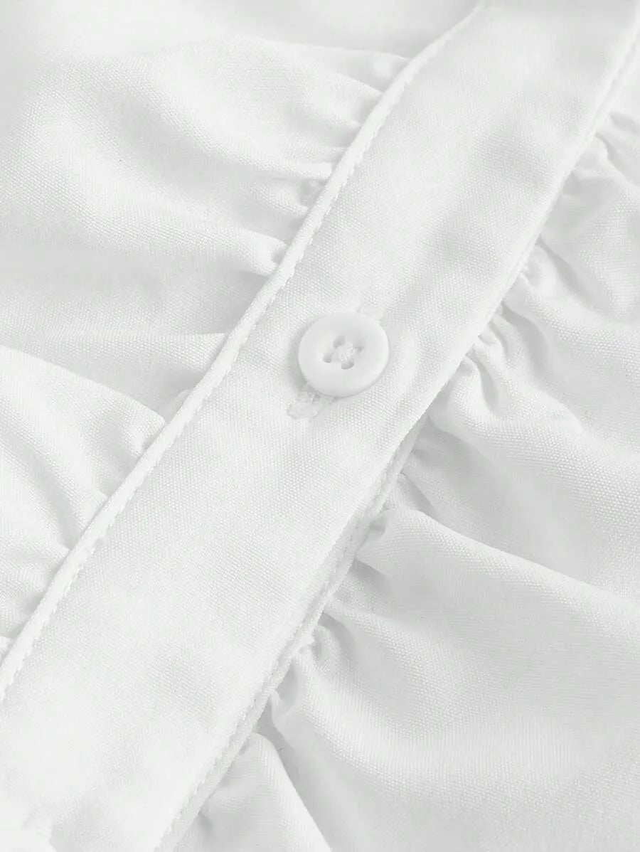 SHEIN MOD قميص نسائي بأكمام واسعة وثنيات أمامية وتفاصيل دانتيل بلون أبيض