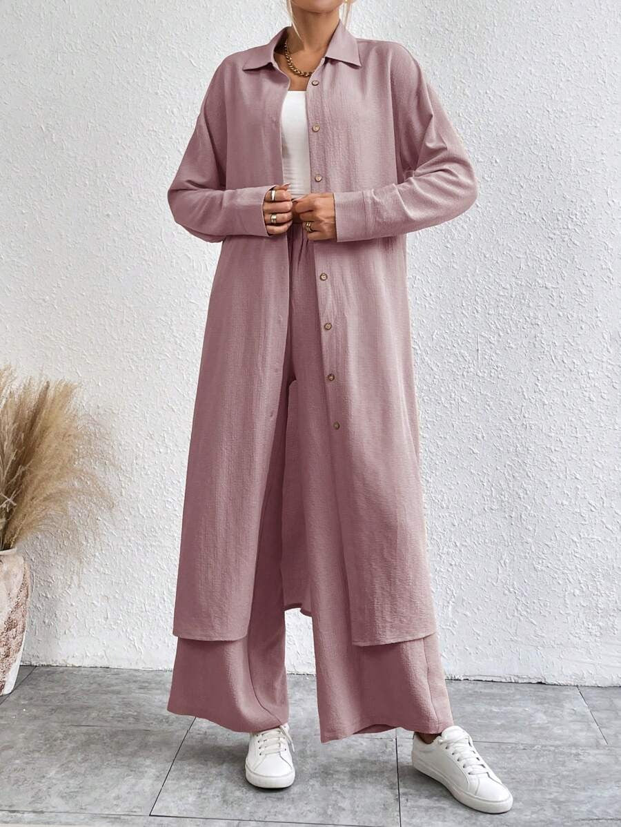 SHEIN LUNE طقم  قطعتين بلوزة طويلة وبنطلون واسع بلون وردي