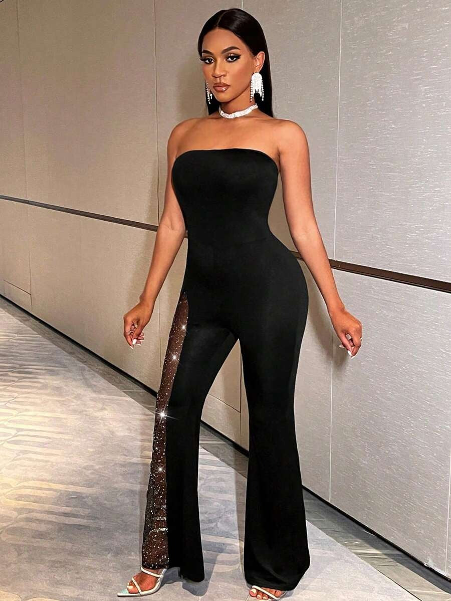 SHEIN BamGleam جمبسوت أنيقة باللون الأسود مزينة بالراين