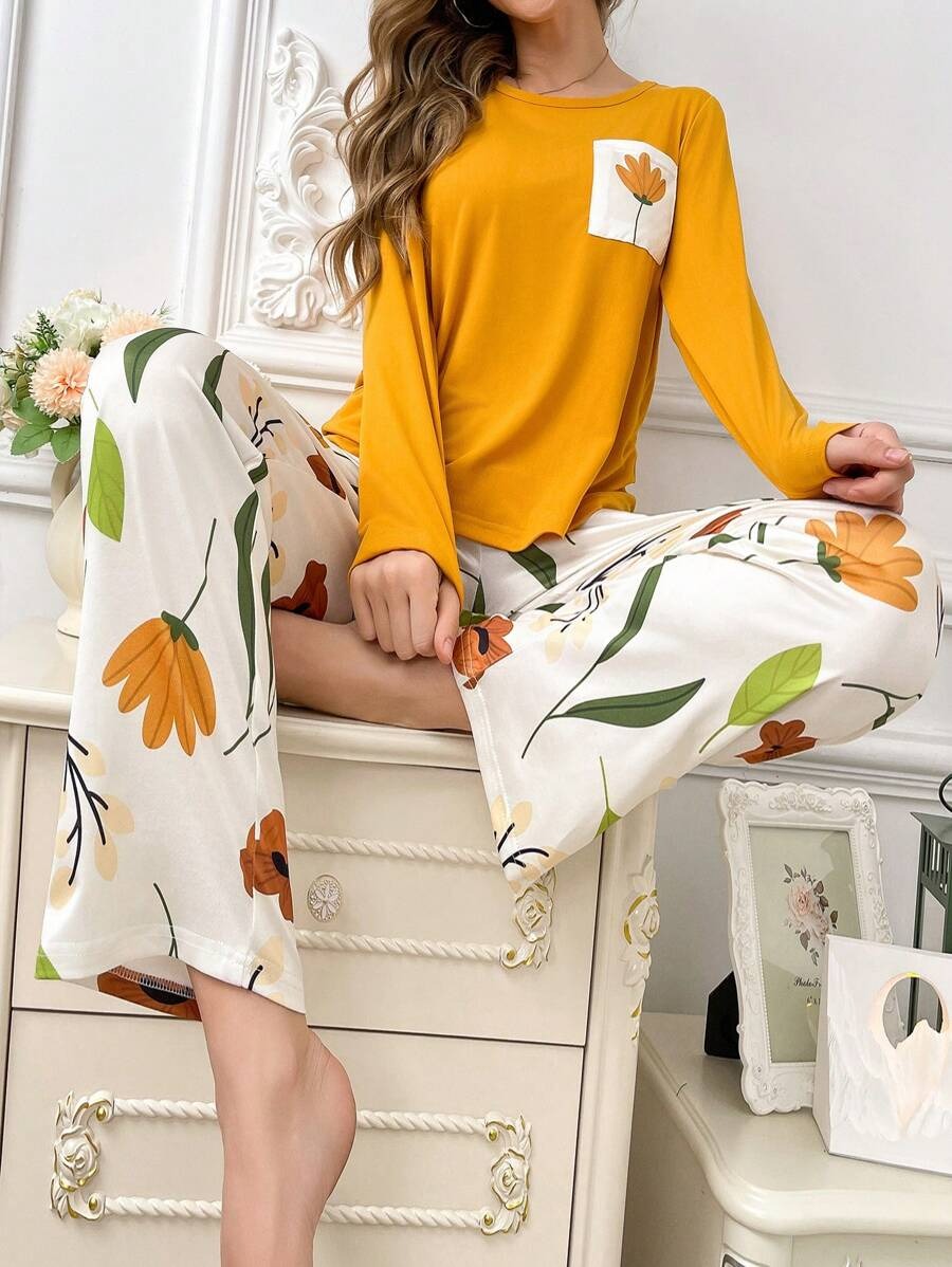 SHEIN طقم بيجامة بأكمام طويلة مطبوع وبنطلون مطبوع