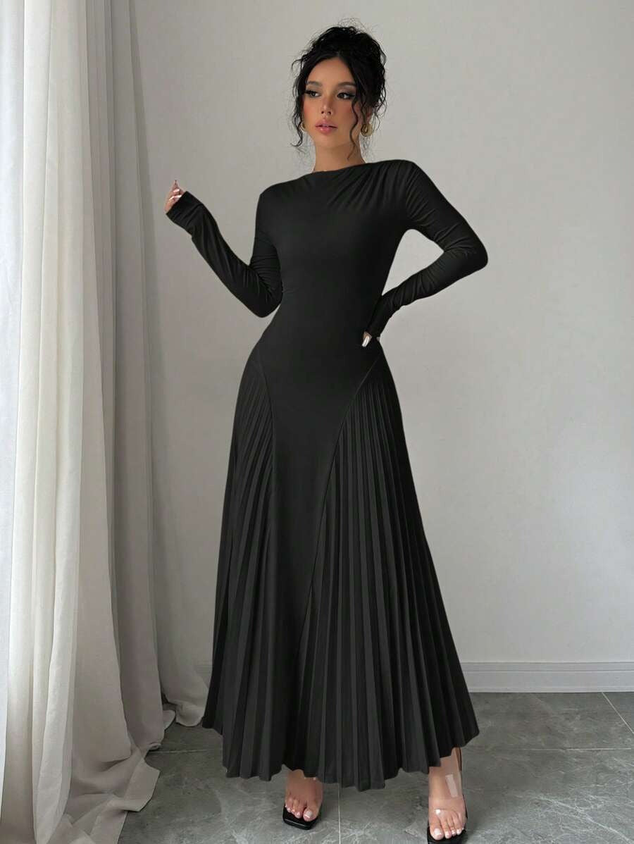 SHEIN Rafferiza فستان أسود ماكسي بخصر مطوي وأكمام طويلة
