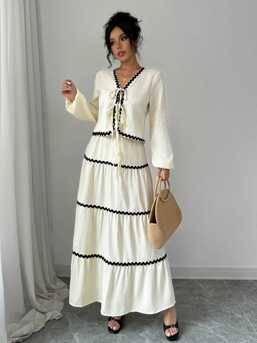 SHEIN Rafferiza طقم فستان بكشكشة أكمام وعقدة فرنسية وتنورة