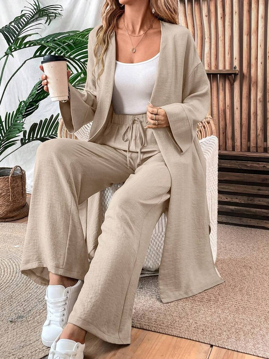 SHEIN طقم كتان كاجوال بلون كاكي مكون من جاكيت طويل وبنطال واسع الساق