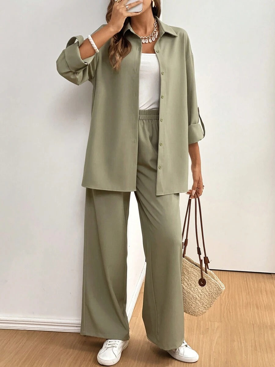 SHEIN Frenchy  طقم من قطعتين، قميص بأكمام طويلة  وسروال واسع لون اخضر